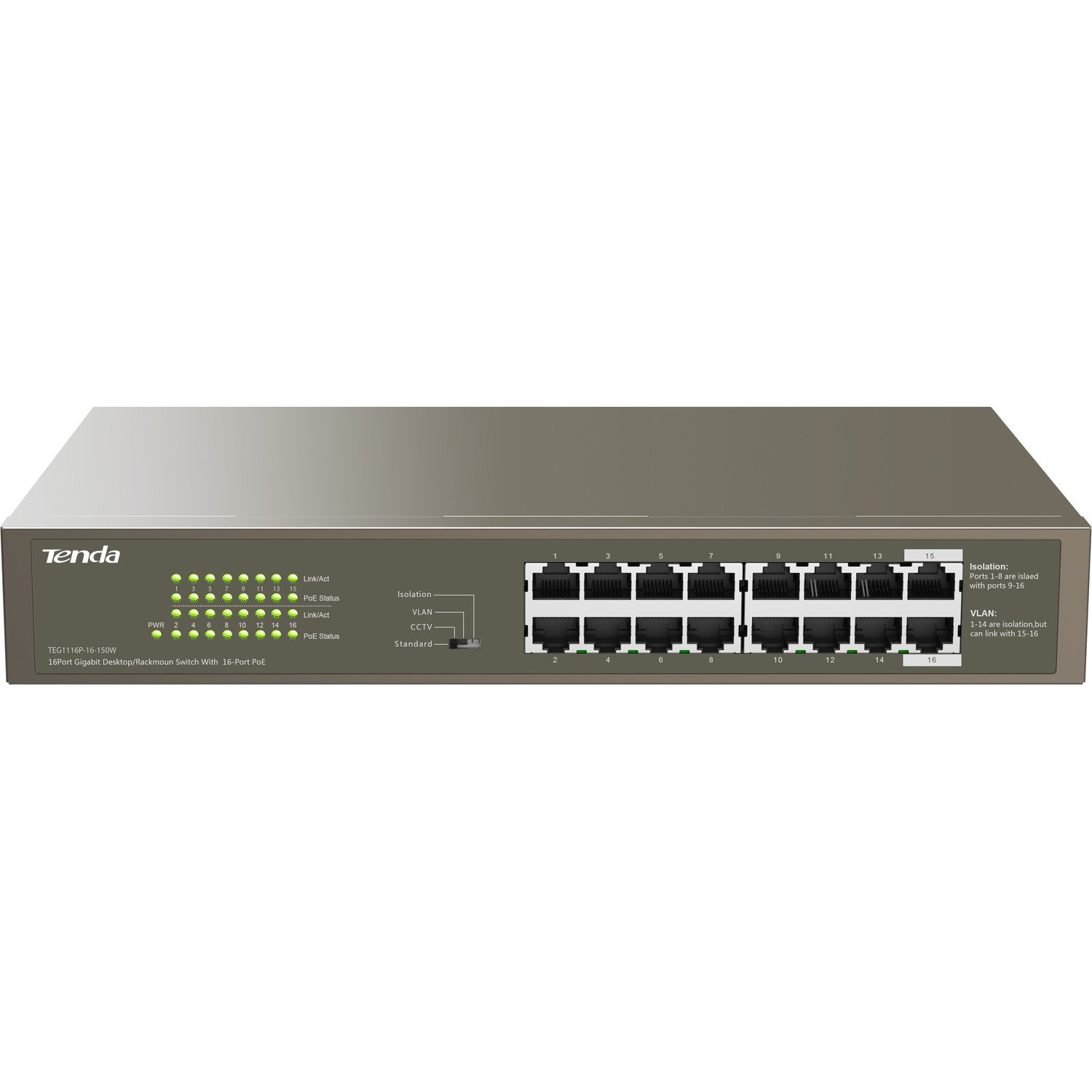 Tenda TEG1116P-16-150W 16 Ports Manageable Ethernet Switch - Gigabit Ethernet - 10/100/1000Base-T