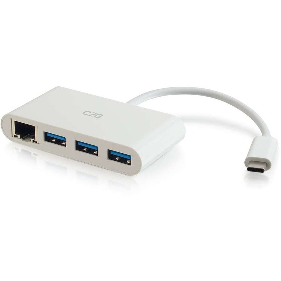 C2G USB-C to Ethernet Adapter with 3-Port USB Hub - White