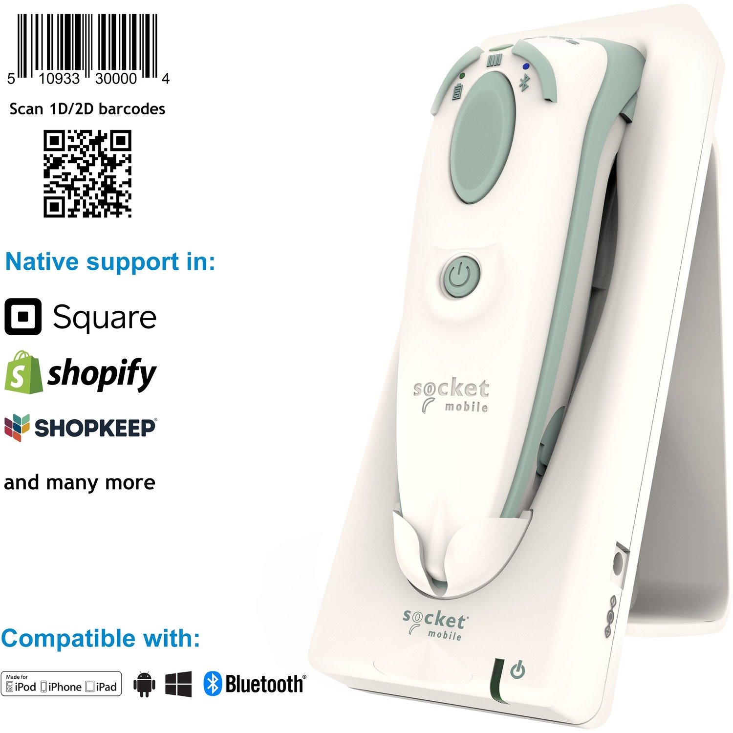 Socket Mobile DuraScan D755 Healthcare Handheld Barcode Scanner - Wireless Connectivity - White