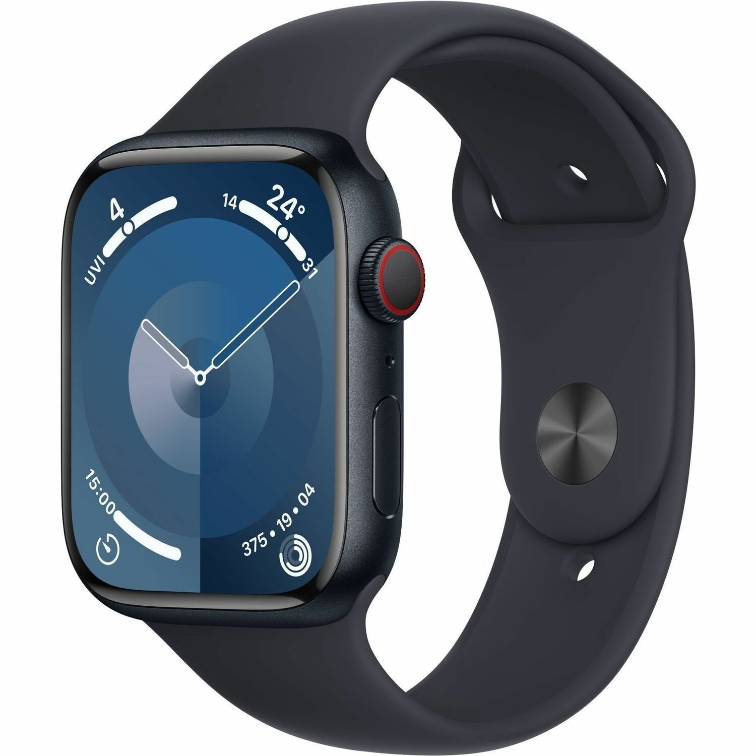 Apple Watch Series 9 Smart Watch - 45 mm Case Height - 38 mm Case Width - Midnight Case Color - Midnight Band Color - Glass Body Material - Aluminium Case Material - Wireless LAN - LTE, UMTS
