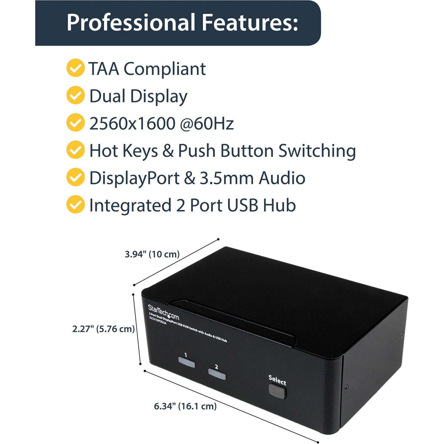 StarTech.com Dual Monitor DisplayPort KVM Switch - 2 Port - USB 2.0 Hub - Audio and Microphone - DP KVM Switch (SV231DPDDUA)