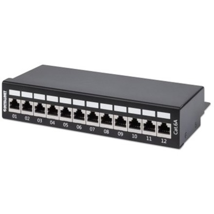 Intellinet Network Solutions Patch Panel, Cat6a, FTP, 12-Port, Desktop, Shielded, 90 degree Top-Entry Punch Down Blocks, Black