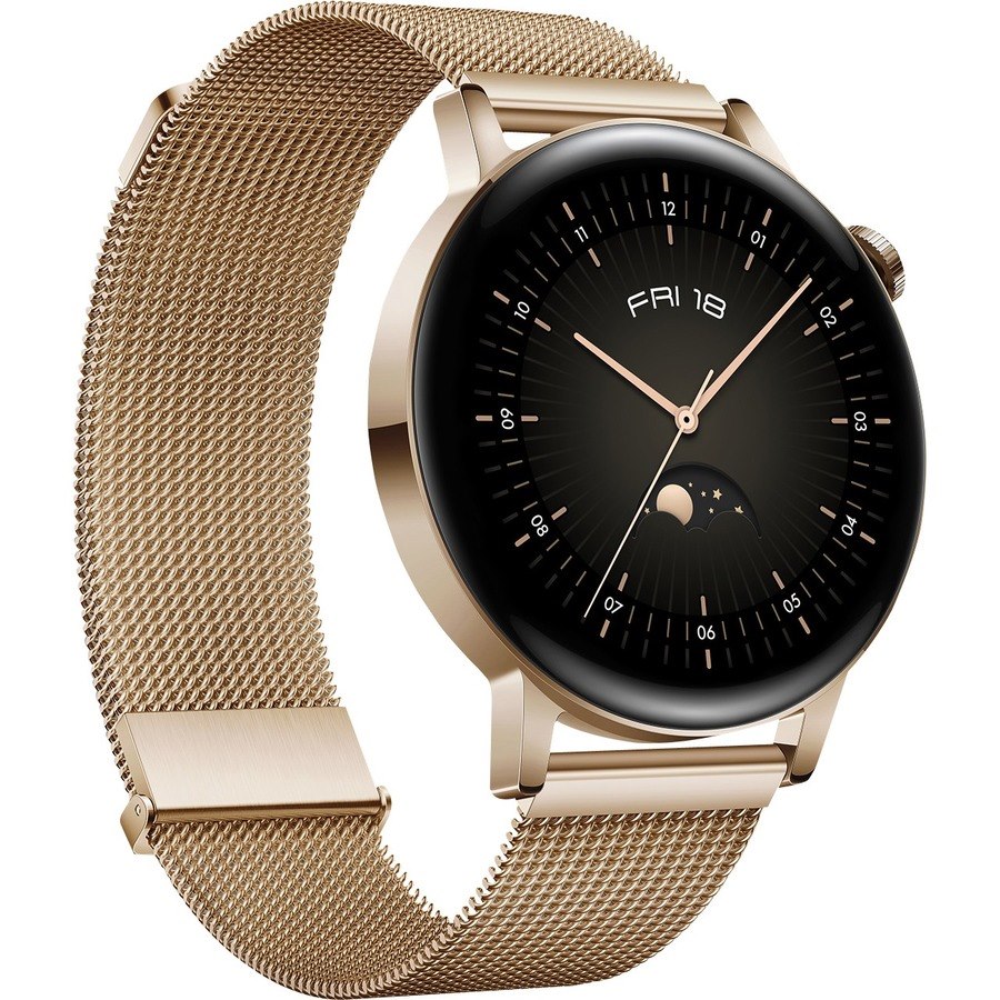 Huawei WATCH GT 3 Smart Watch - 42.30 mm Case Height - 10.20 mm Case Thickness - 42.30 mm Case Width - Black, Steel Case Color - Gold Band Color - Stainless Steel Case Material