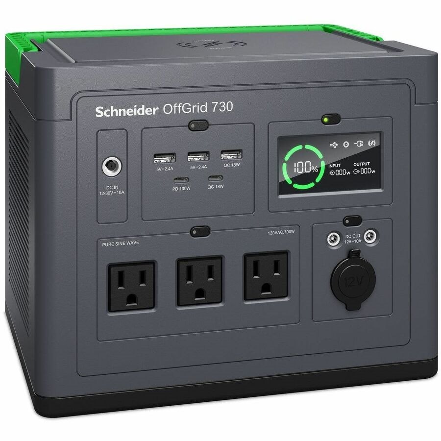 Schneider OffGrid Portable Power Station 730, 700W, 120V, 738Wh Lithium-ion, LCD, 3 NEMA, Sinewave, 3 USB-A, 2 USB-C, Wireless Charger