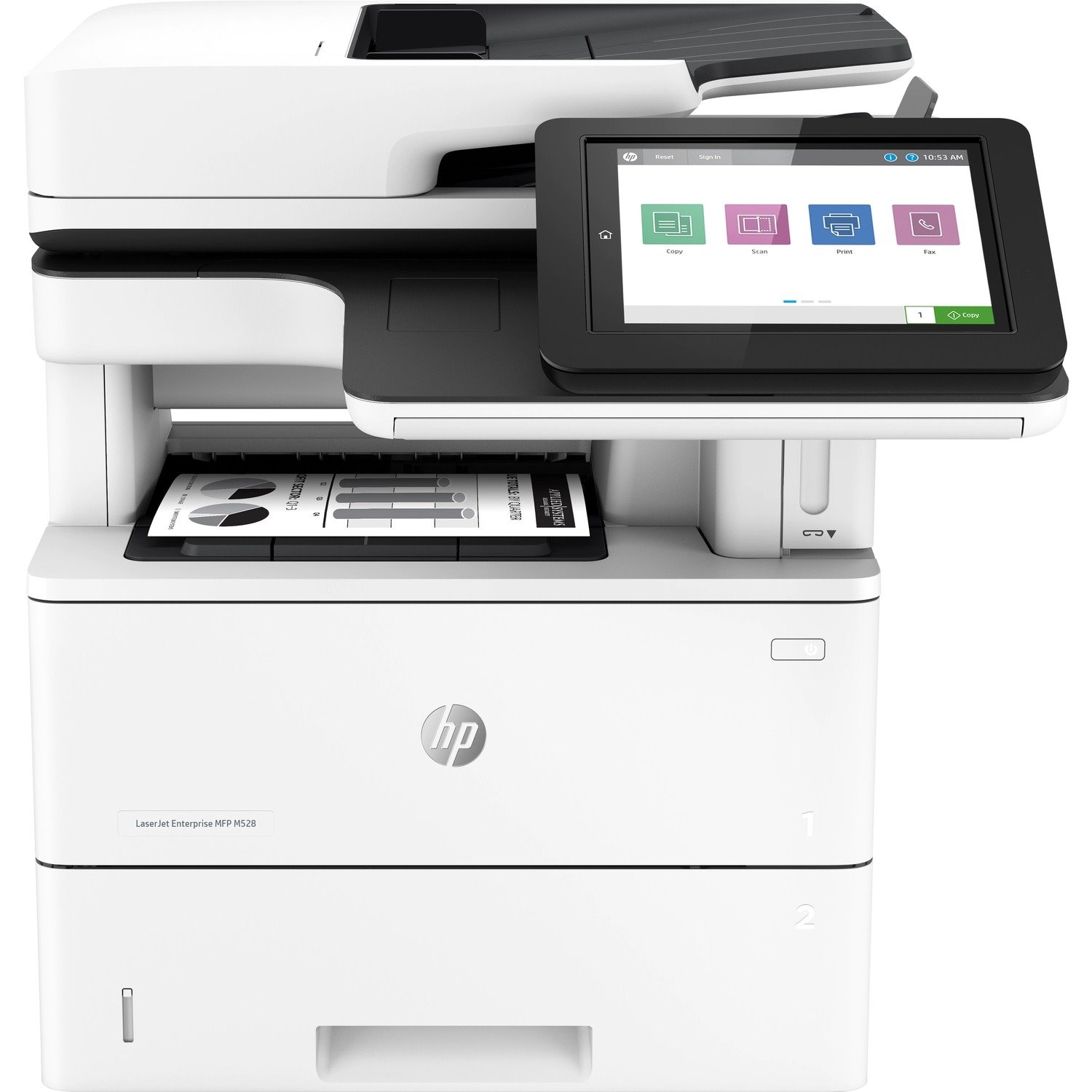 HP LaserJet Enterprise M528 M528f Laser Multifunction Printer-Monochrome-Copier/Fax/Scanner-52 ppm Mono Print-1200x1200 dpi Print-Automatic Duplex Print-150000 Pages-650 sheets Input-Color Flatbed Scanner-600 dpi Optical Scan-Apple AirPrint-HP ePrint