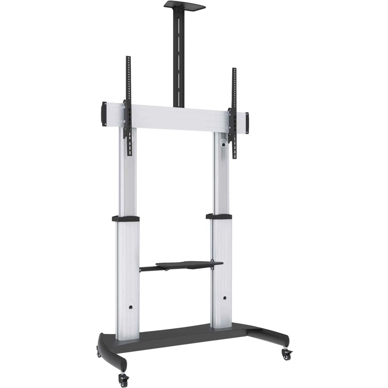 Manhattan TV & Monitor Mount, Trolley Stand, 1 screen, Screen Sizes: 60-100" , Silver/Black, VESA 200x200 to 800x600mm, Max 100kg, Height adjustable 1200 to 1685mm, Camera and AV shelves, Aluminium, LFD, Lifetime Warranty