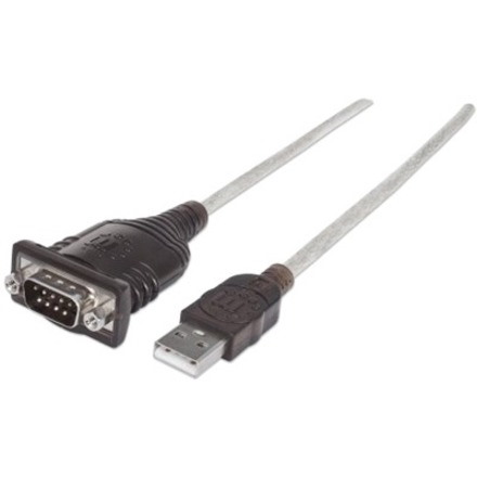 Manhattan USB-A to Serial Converter cable, 45cm, Male to Male, Serial/RS232/COM/DB9, Prolific PL-2303HXD Chip, Black/Silver cable, Three Year Warranty, Polybag