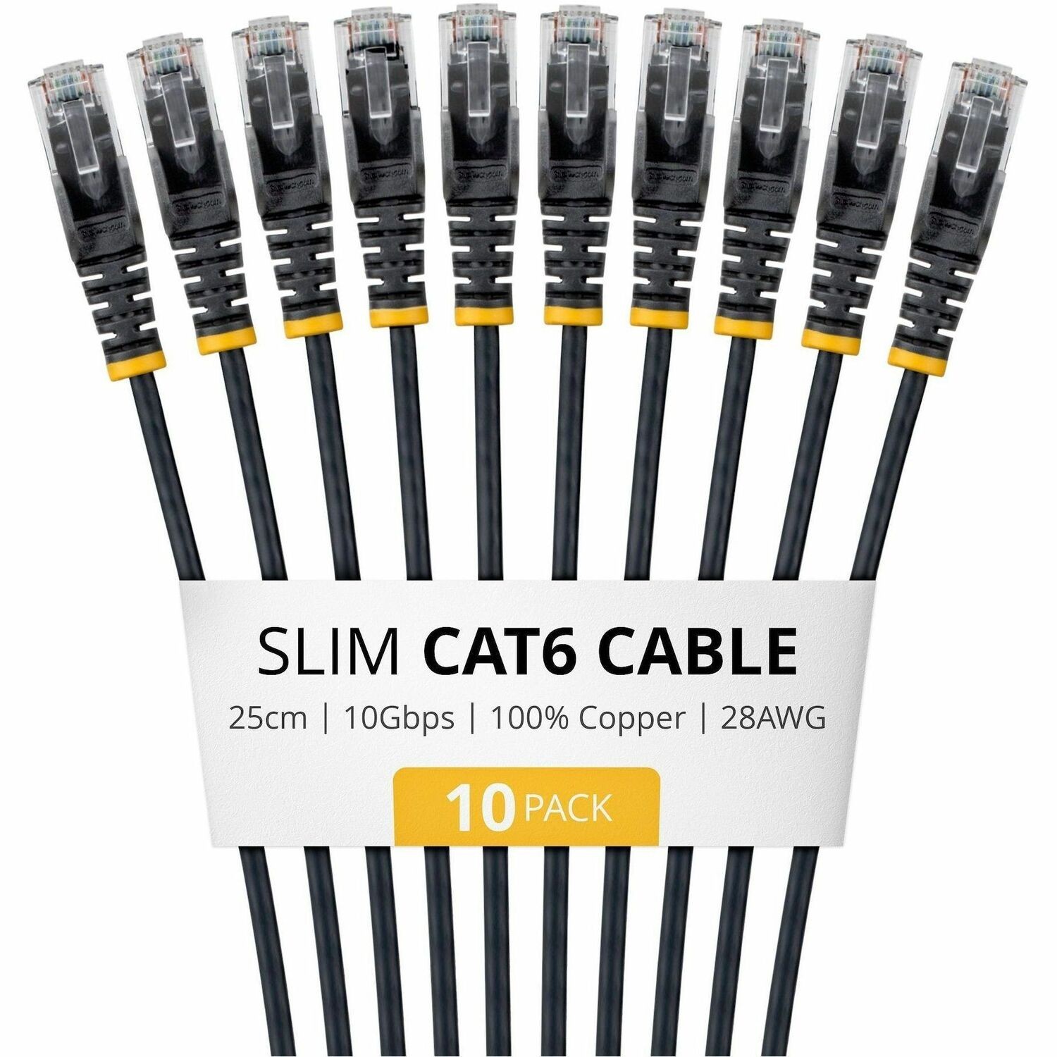 StarTech 25cm Black Slim CAT6 Cable, 10 Pack, Snagless, UTP, LSZH, 28AWG Pure Copper, Slim RJ45 Network Patch Cord, Individ. Tested