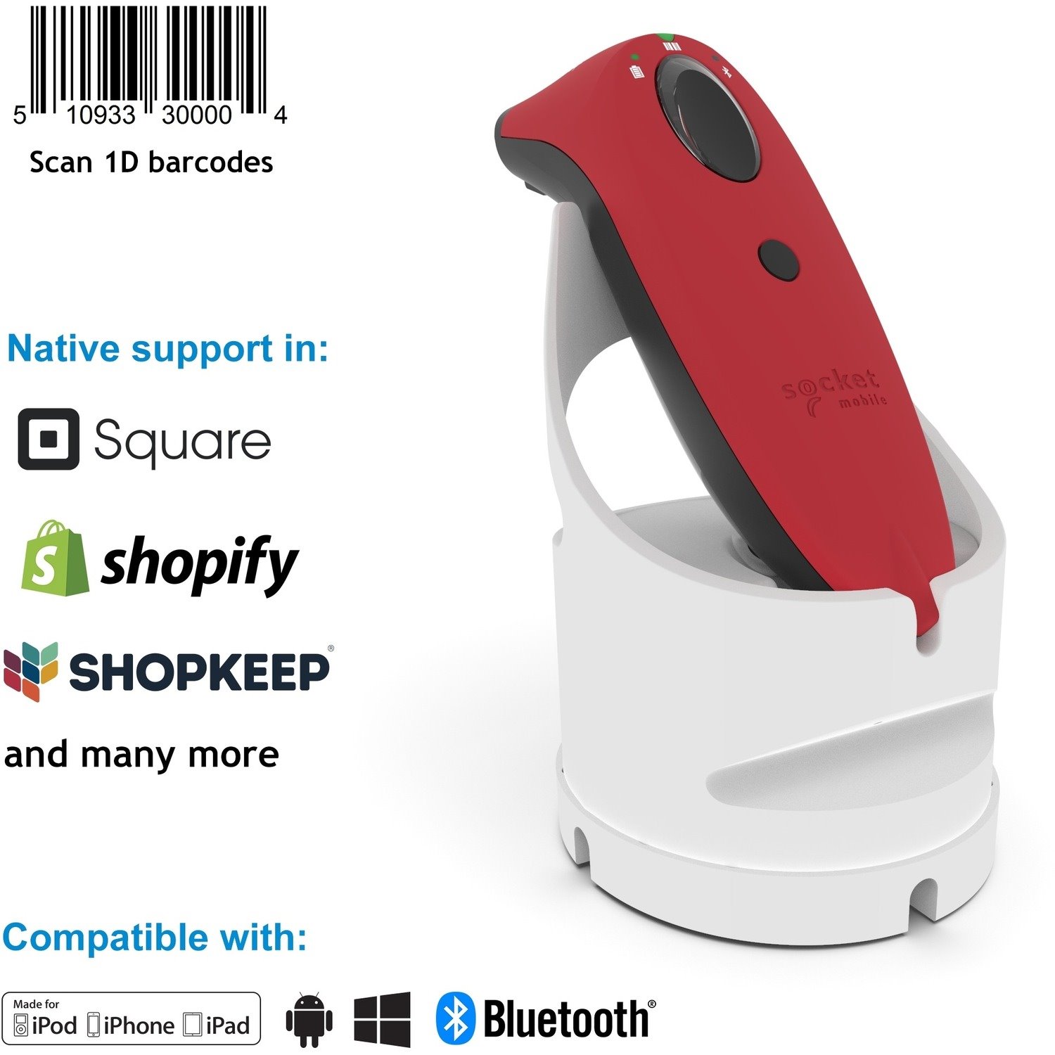 Socket Mobile SocketScan&reg; S730, Laser Barcode Scanner, Red & White Charging Dock