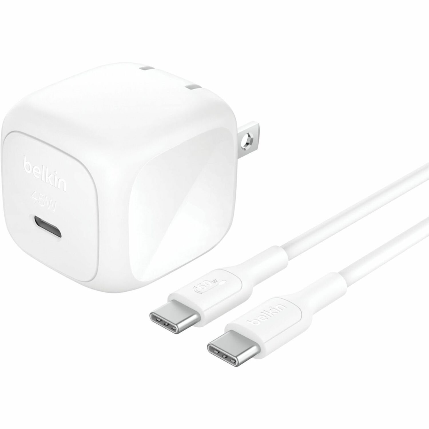 Belkin 45W Portable Cubic USB-C Wall Charger w/ USB-C Cable - 1xUSB-C - Foldable Prongs - Fast Charge - Power Adapter - Whit