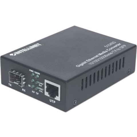 Intellinet Gigabit Ethernet to SFP Media Converter, 10/100/1000Base-Tx to SFP slot, empty (With 2 Pin Euro Power Adapter)