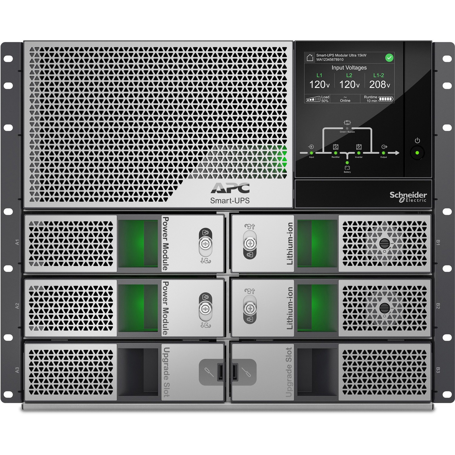 APC Smart-UPS Modular Ultra On-Line, 10kW scalable to 15kW, Lithium-ion, Rackmount 9U, 208/240V, Network Management, Extended runtime, W/rail kit