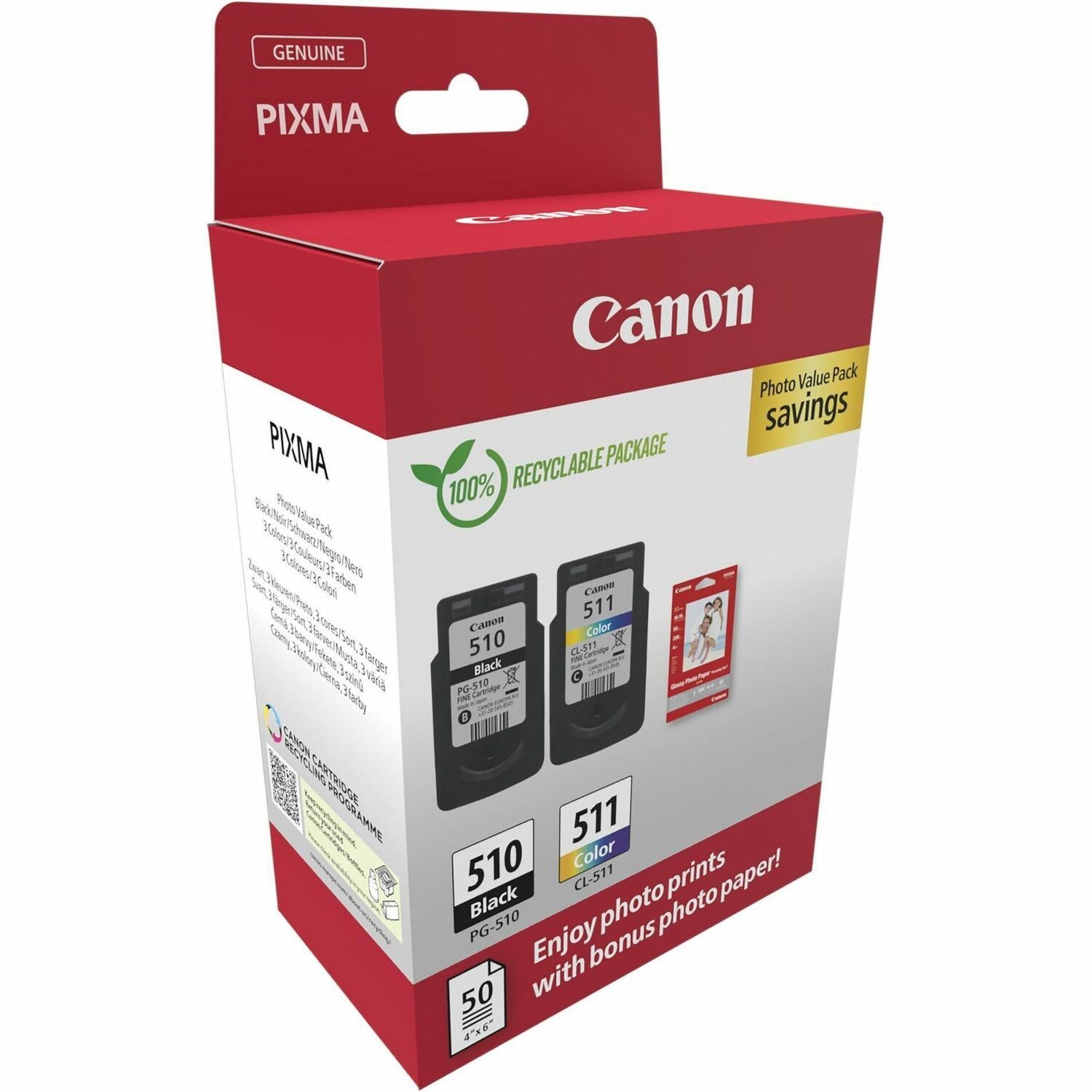 Canon PG-510/CL-511 Original Inkjet Ink Cartridge - Value Pack - Black, Cyan, Magenta, Yellow - 2 / Pack