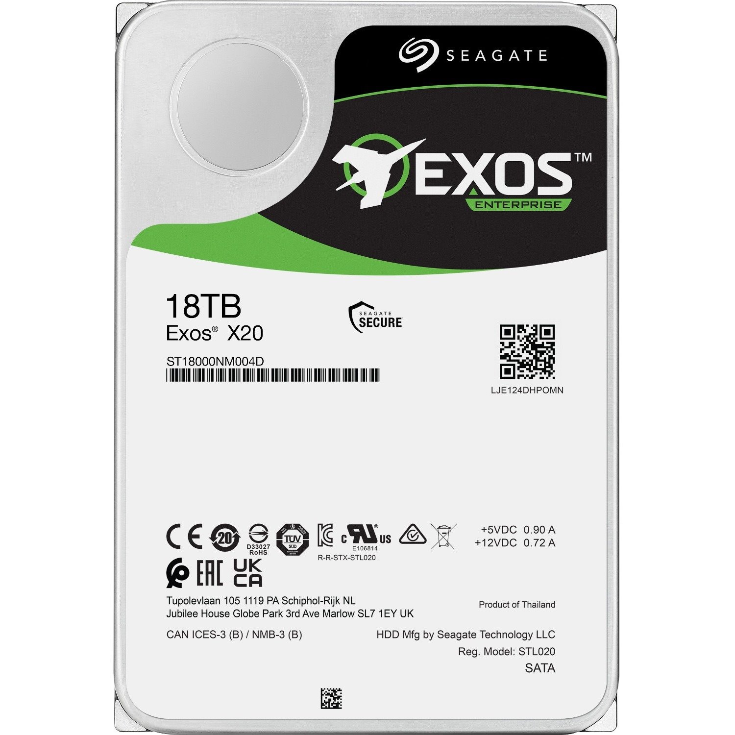 Seagate Exos X20 ST18000NM004D 18 TB Hard Drive - Internal - SATA (SATA/600) - Conventional Magnetic Recording (CMR) Method