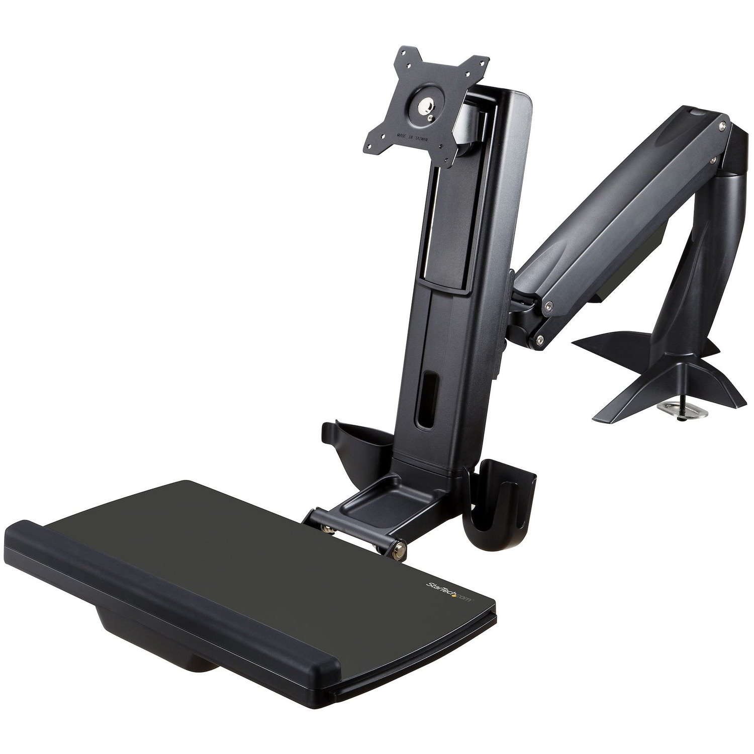 StarTech.com Sit Stand Monitor Arm - Desk Mount Sit-Stand Workstation up to 27inch VESA Display - Standing Desk Converter - Keyboard Tray