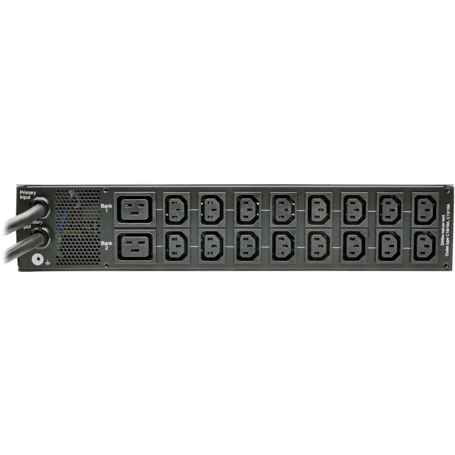 Eaton Tripp Lite Series 7.7kW Single-Phase 200-240V Local Metered Automatic Transfer Switch PDU, 2 IEC309 32A Blue Inputs, 16 C13, 2 C19 Outlets, 2U, TAA