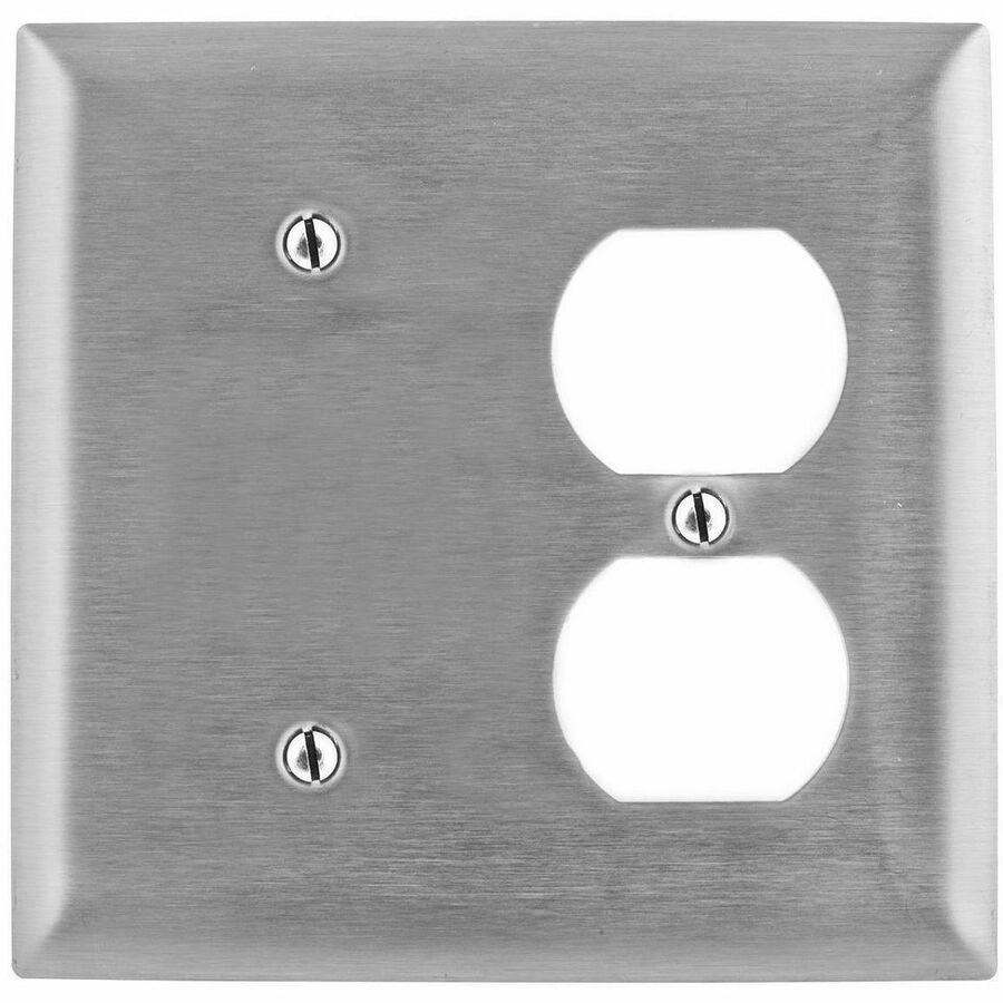 Hubbell Wallplate, 2-G, Blank/Dup, SS, Box
