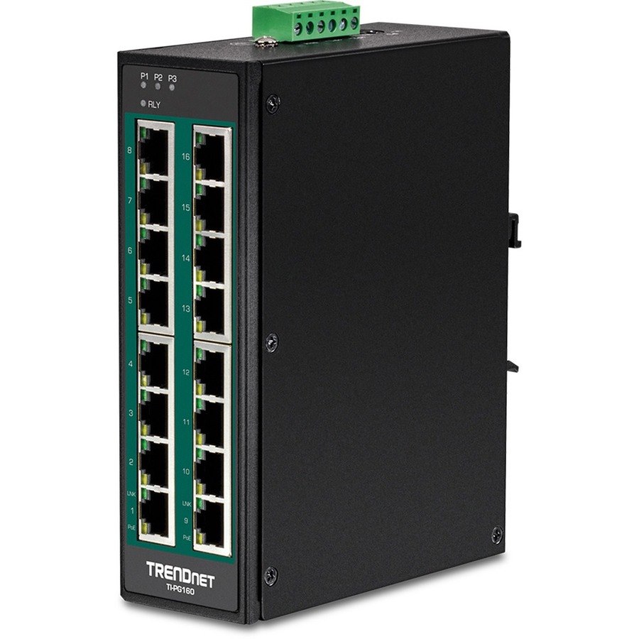 TRENDnet 16-Port Hardened Industrial Unmanaged Gigabit 10/100/1000Mbps DIN-Rail Switch w/ 16 Gigabit PoE+ Ports; Lifetime Protection; TI-PG160