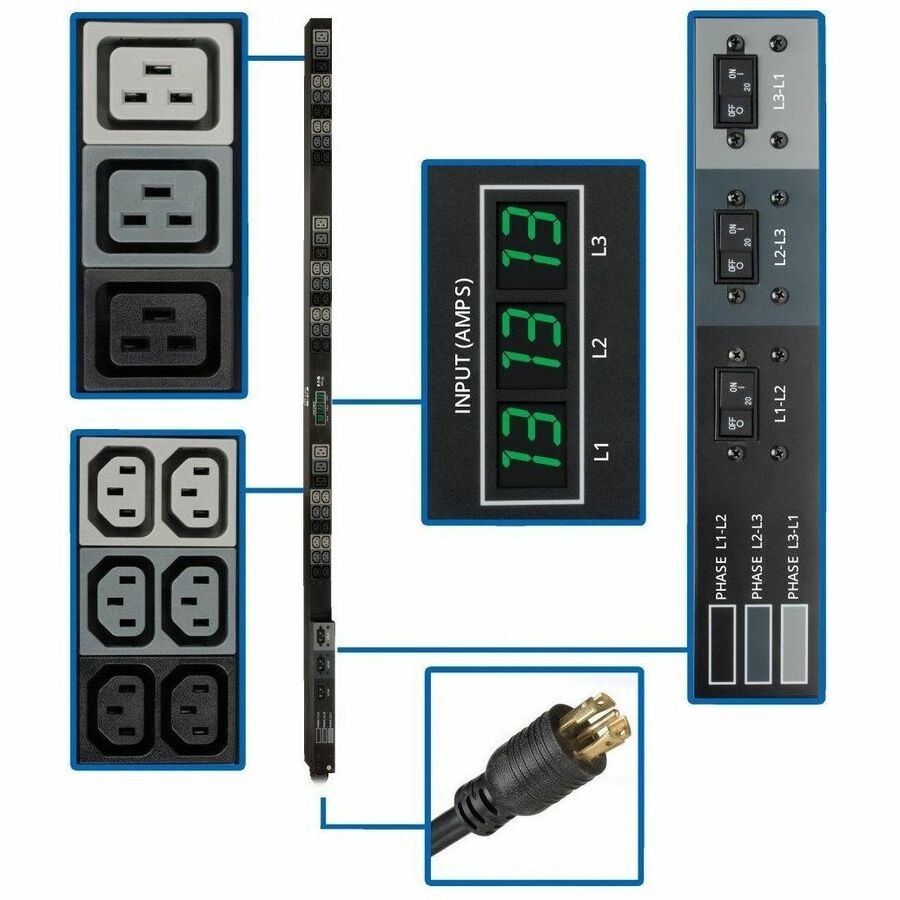 Eaton Tripp Lite Series 3-Phase Local Metered PDU, 8.6 kW, 45 208V outlets (36 C13, 9 C19), 6 ft. (1.83 m) NEMA L21-30P Input connection, TAA Compliant