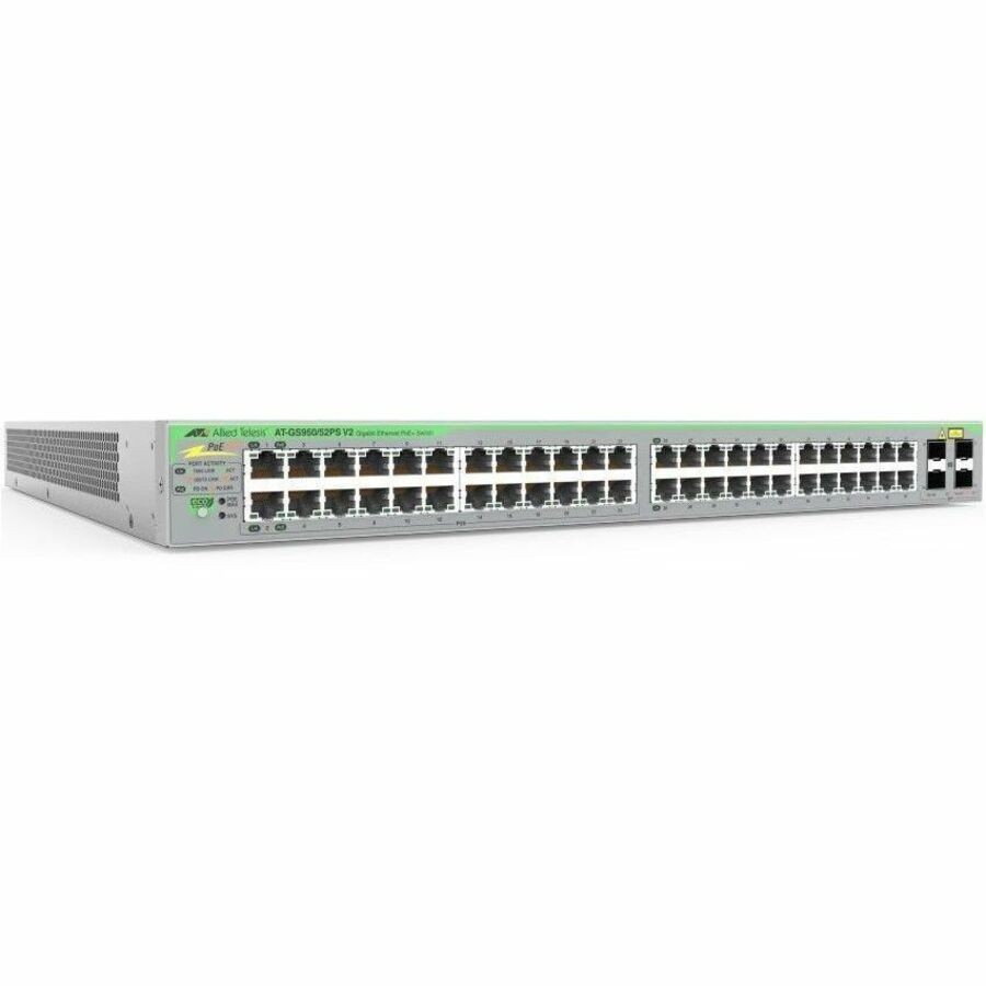 Allied Telesis At GS950/52PS V2 - Switch - Smart - 24 X 10/100/1000 (PoE+) + 24 X 10/100/1000 + 4 X 1000Base-X - Side To Side Airflow - Desktop, Rack-Mountable, Wall-Mountable - PoE+ (370 W)