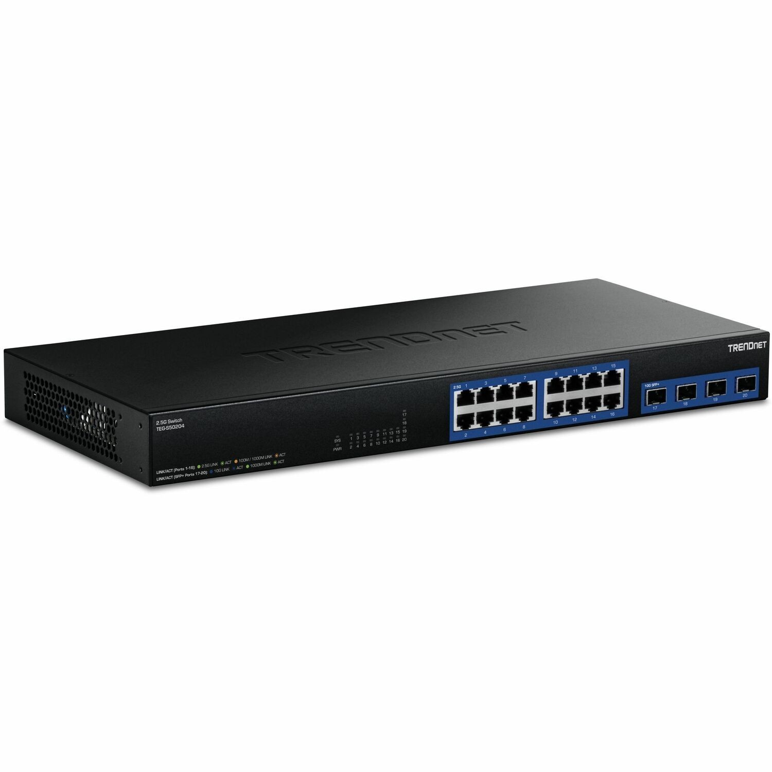 TRENDnet 20-Port 2.5G/Multi-Gig Switch with 10G SFP+ Ports, TEG-S50204, 16 x 2.5G RJ-45 Ports, 4 x 10G SFP+ Ports, 160Gbps, 1U Rack Mountable, NDAA TAA Compliant, Lifetime Protection, Black Visit the TRENDnet Store