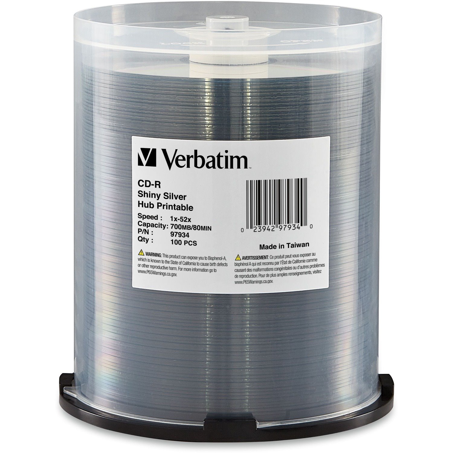 Verbatim CD-R 700MB 52X Shiny Silver Silk Screen Printable, Hub Printable - 100pk Spindle