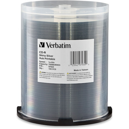 Verbatim CD-R 700MB 52X Shiny Silver Silk Screen Printable, Hub Printable - 100pk Spindle