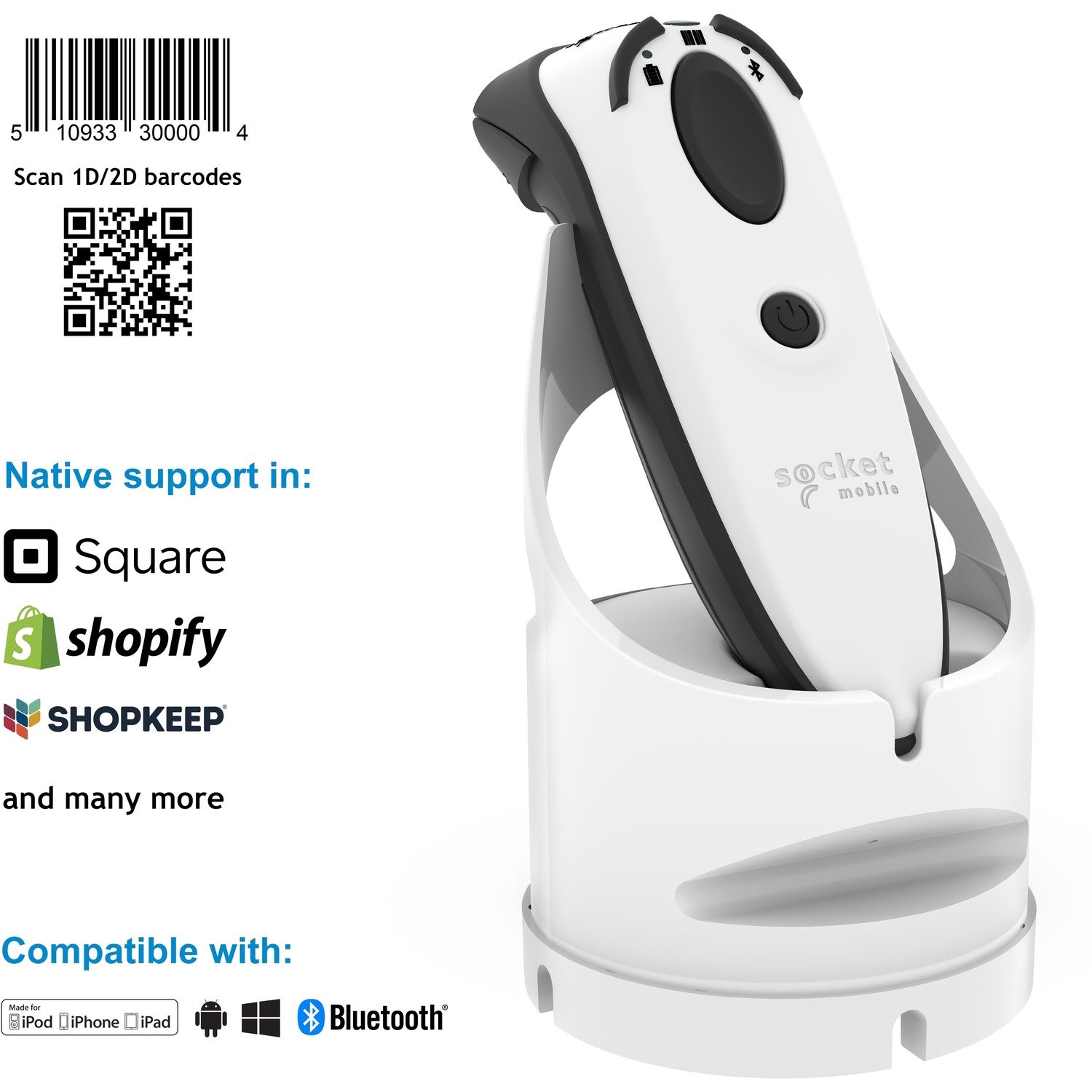 Socket Mobile DuraScan D760 Handheld Barcode Scanner - Wireless Connectivity - White