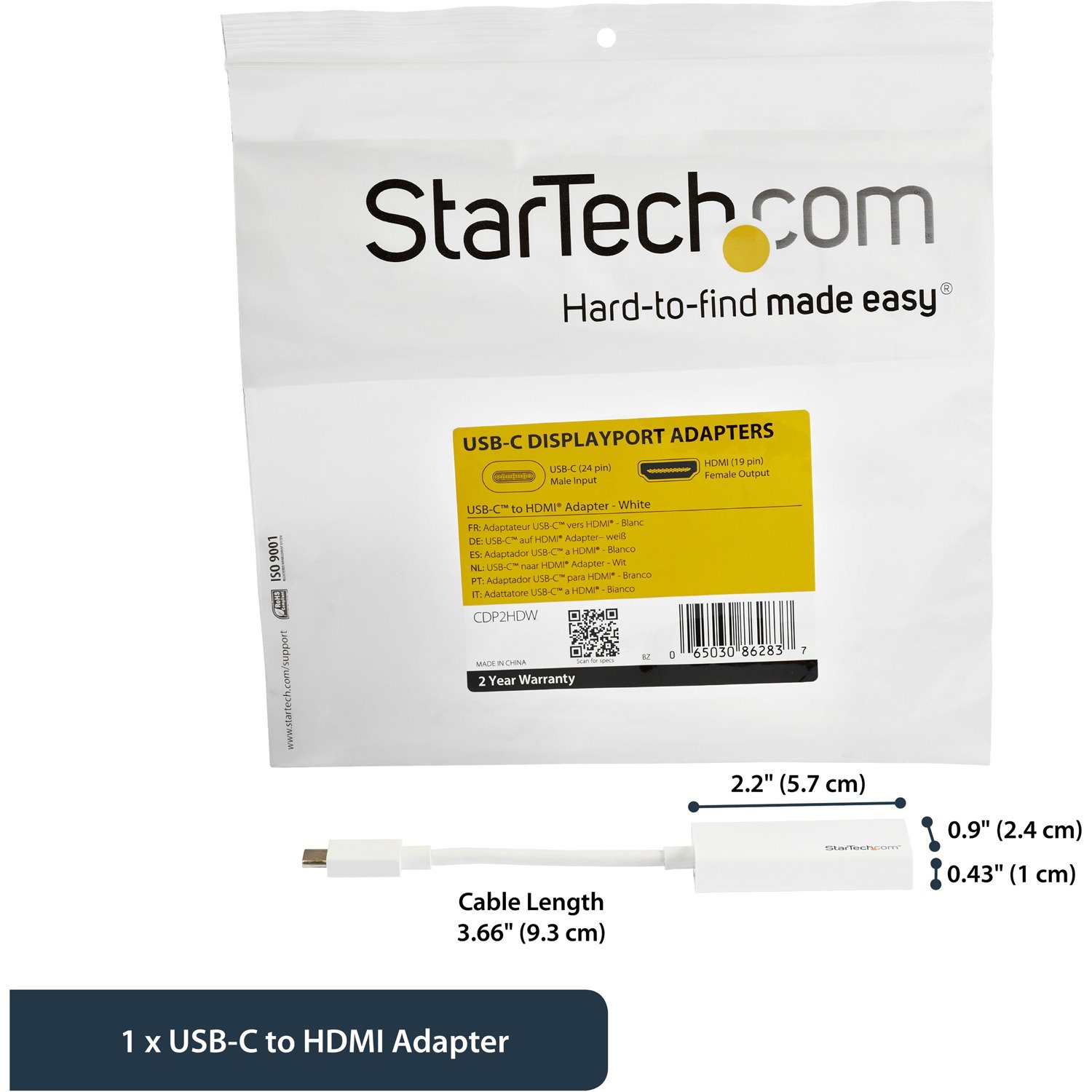 StarTech.com - USB-C to HDMI Adapter - 4K 30Hz - White - USB Type-C to HDMI Adapter - USB 3.1 - Thunderbolt 3 Compatible