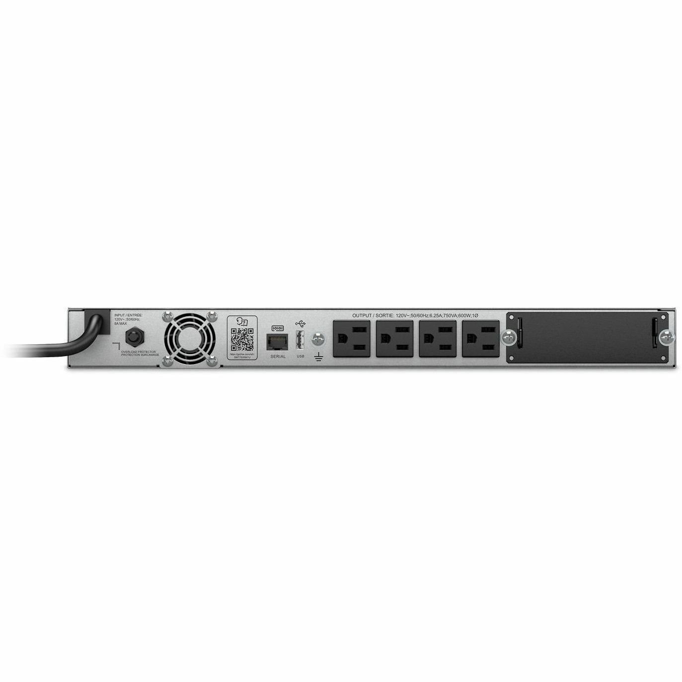 APC Smart-UPS, Line Interactive, 750 VA, LCD, Rackmount 1U, 120V, 4x NEMA 5-15R outlet, USB, AVR, Short Depth