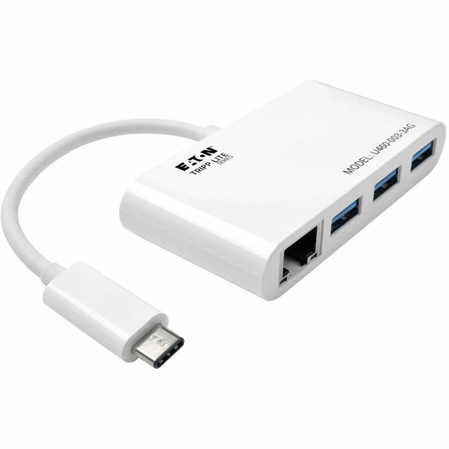 Eaton Tripp Lite Series 3-Port USB 3.x (5Gbps) Hub with LAN Port, USB-C to 3x USB-A Ports and Gigabit Ethernet, White