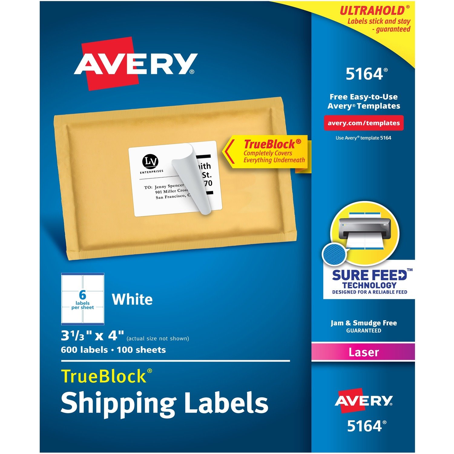 Avery Shipping Labels, Sure Feed, 3-1/3" x 4" , 600 White Labels (5164)