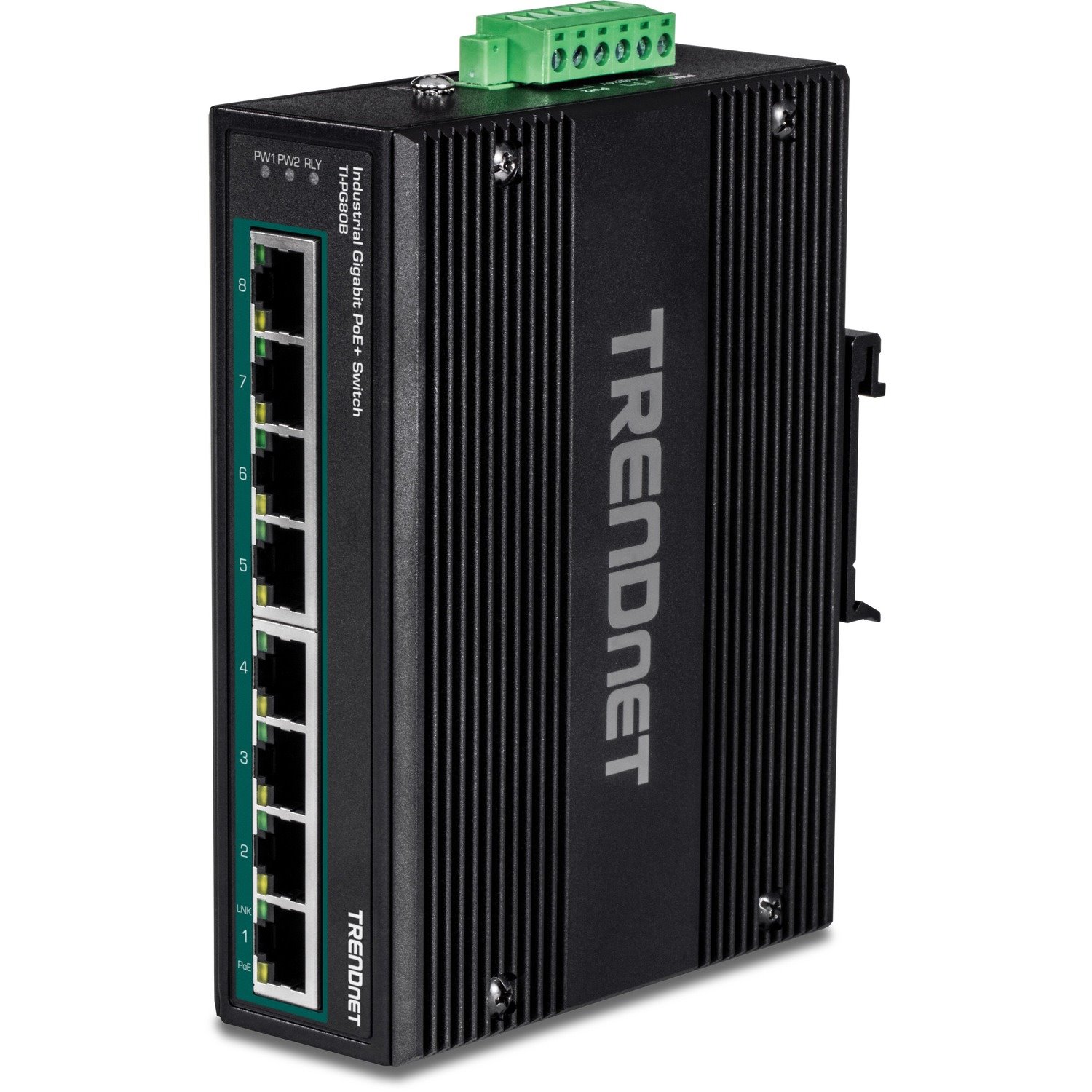 TRENDnet 8-Port Hardened Industrial Unmanaged Gigabit 10/100/1000Mbps DIN-Rail Switch w/ 8 x Gigabit PoE+ Ports; TI-PG80B; 24 56V DC Power inputs with Overload Protection