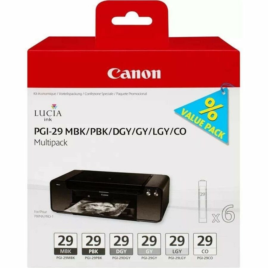 Canon PGI-29 Original Standard Yield Inkjet Ink Cartridge - Multi-pack - Matte Black, Photo Black, Dark Grey, Grey, Light Grey, Colour - 6 / Pack