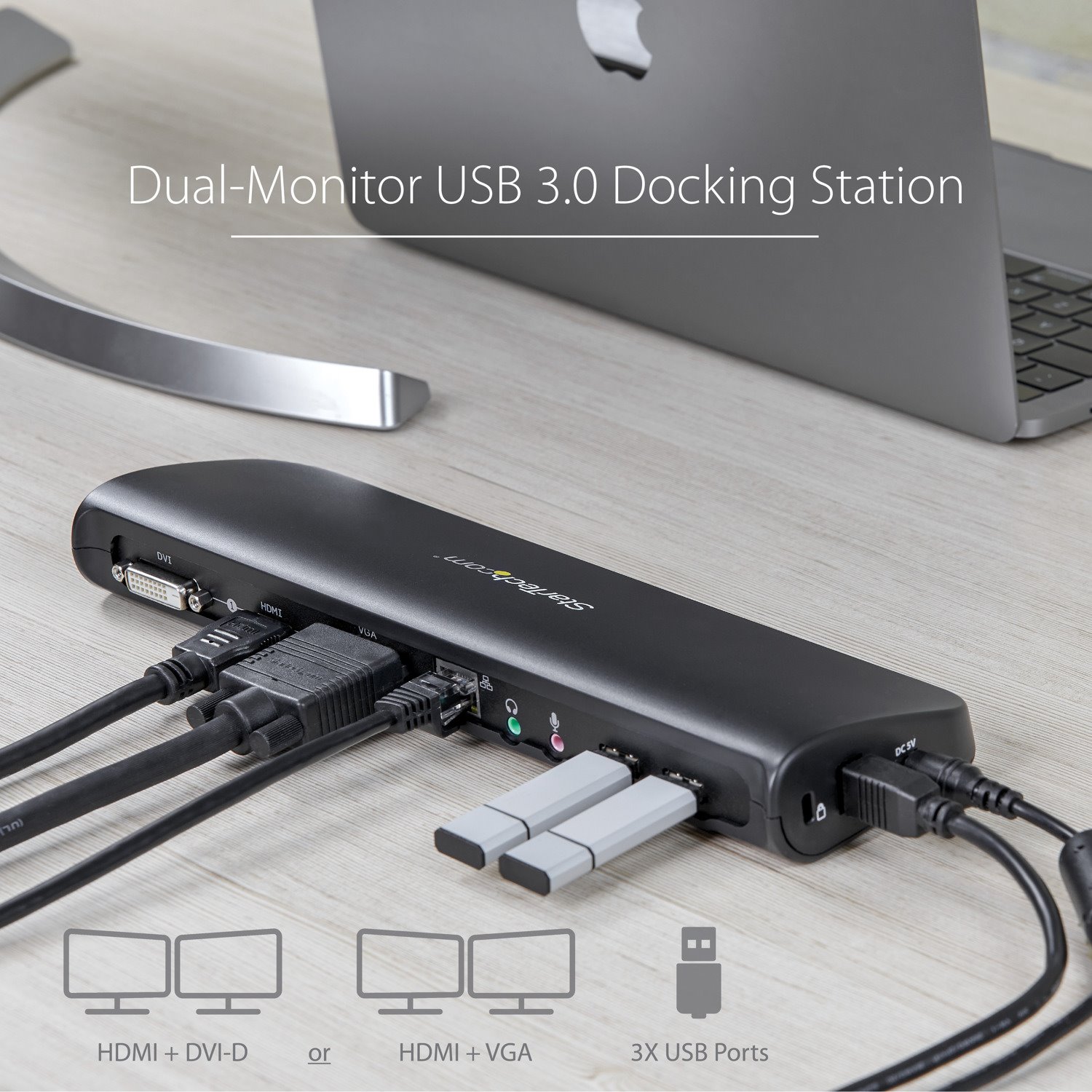 StarTech.com USB 3.0 Docking Station - Compatible with Windows / macOS - Supports Dual Displays - HDMI and DVI - DVI to VGA Adapter Included - USB3SDOCKHD