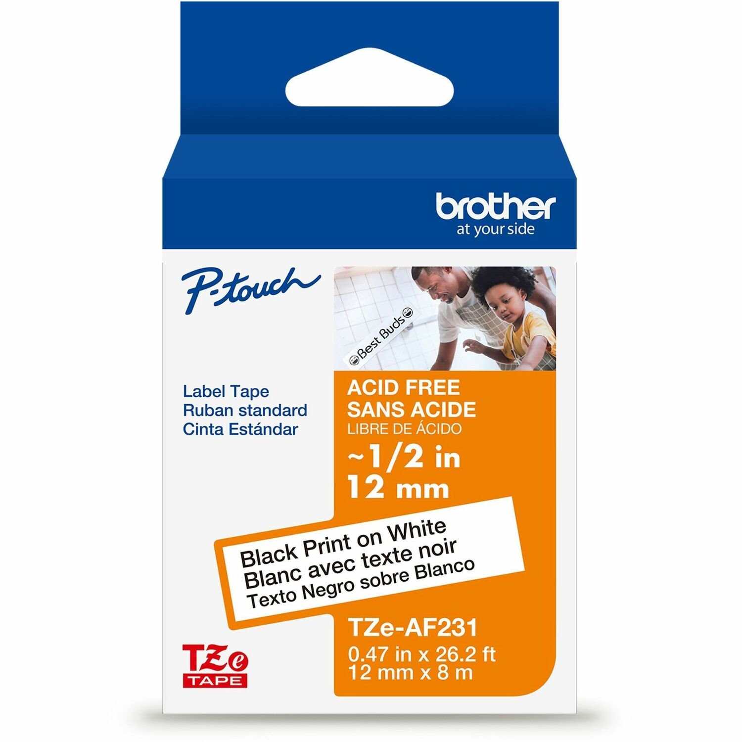 Brother Genuine P-touch TZeAF231 BK on WHT Label Tape, Acid-Free Laminated, 12mmX8m