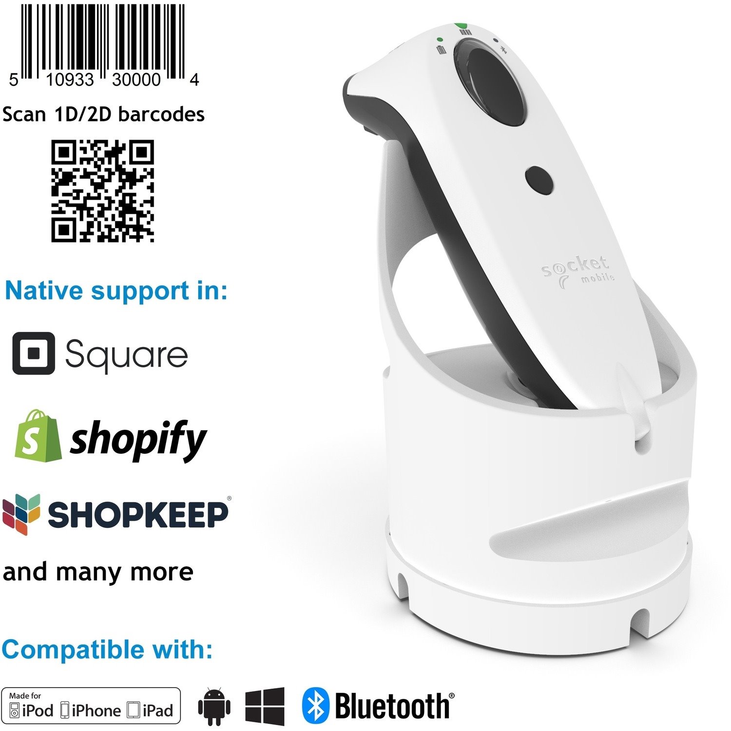 Socket Mobile SocketScan S740 Handheld Barcode Scanner - Wireless Connectivity - White