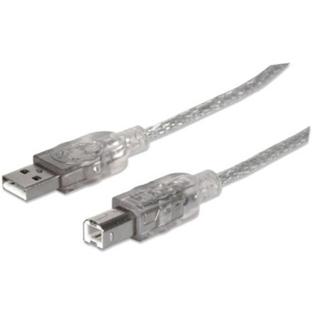 Manhattan USB-A to USB-B Cable, 1.8m, Male to Male, Translucent Silver, 480 Mbps (USB 2.0), USB2HAB6T, Hi-Speed USB, Lifetime Warranty, Polybag
