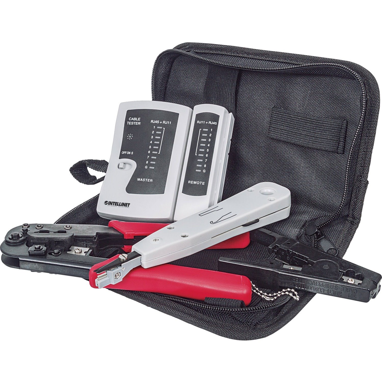 Intellinet Network Solutions 4-Piece Network Tool Kit Composed of LAN Tester, LSA Punch Down Tool, Crimping Tool and Cutter/Stripper Tool