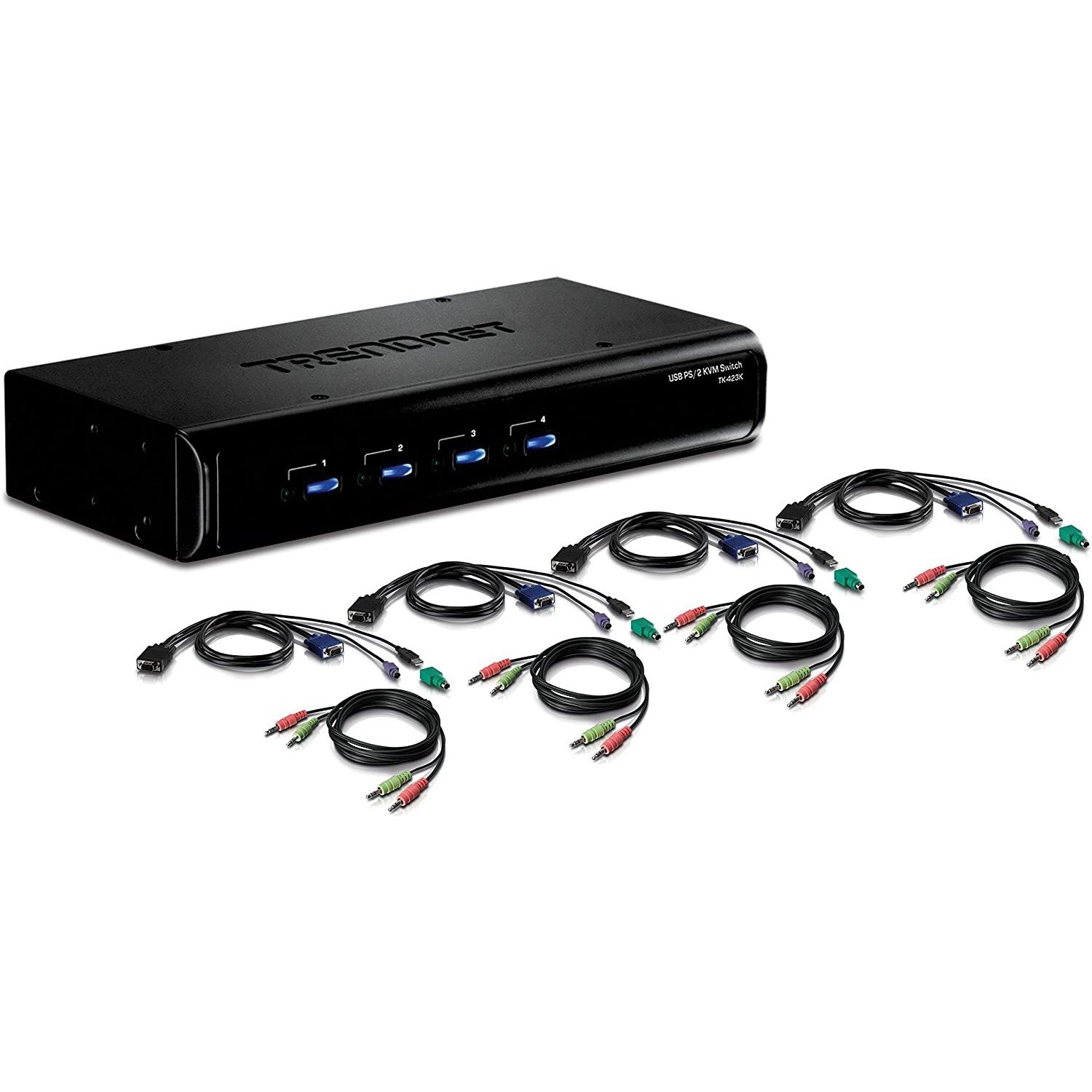 TRENDnet 4-Port USB/PS2 KVM Switch and Cable Kit with Audio, Manage 4 Computers, Hot-Keys, 1080p HD, VGA HDB-15 Female, 2-Way Audio, TK-423K