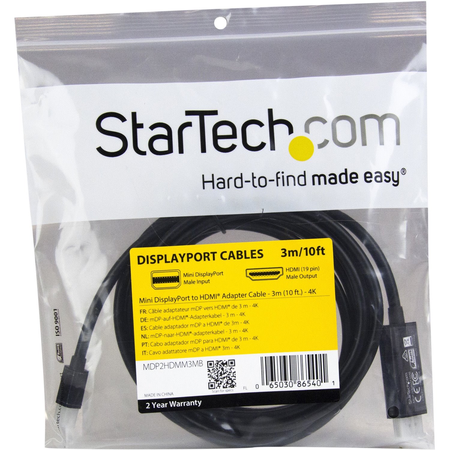 StarTech.com 10ft (3m) Mini DisplayPort to HDMI Cable, 4K 30Hz Video, Mini DP to HDMI Adapter/Converter Cable, mDP to HDMI Monitor/Display