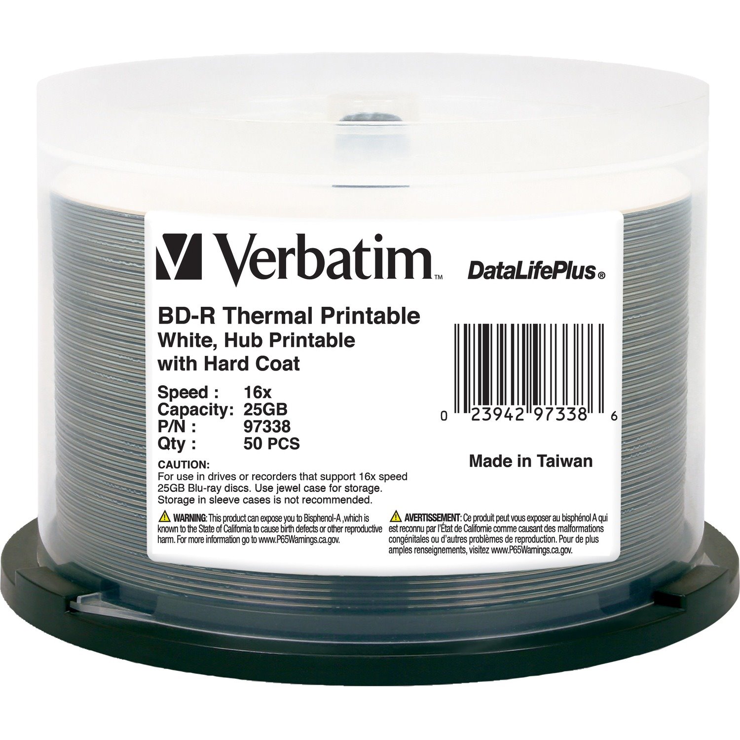 BD-R 25GB 16X DataLifePlus White Thermal Printable, Hub Printable - 50pk Spindle