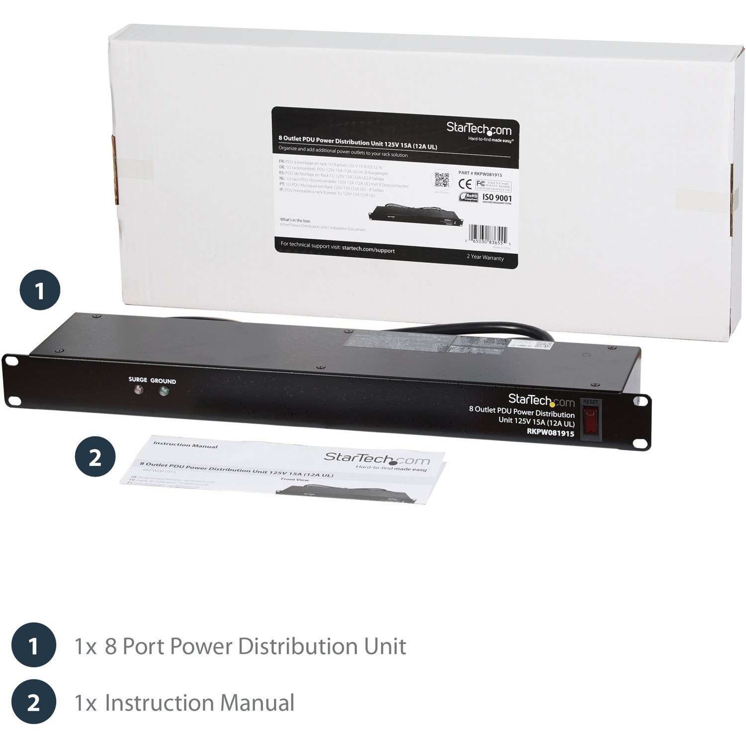 StarTech.com Rackmount PDU with 8 Outlets with Surge Protection - 19in Power Distribution Unit - 1U