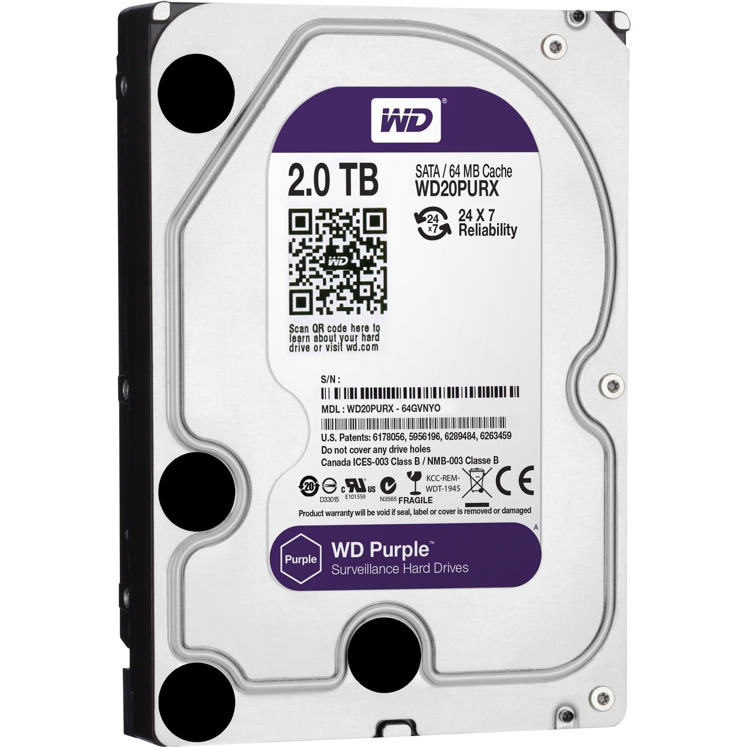 WD Purple WD20PURX 2TB Surveillance 3.5" Internal Hard Drive