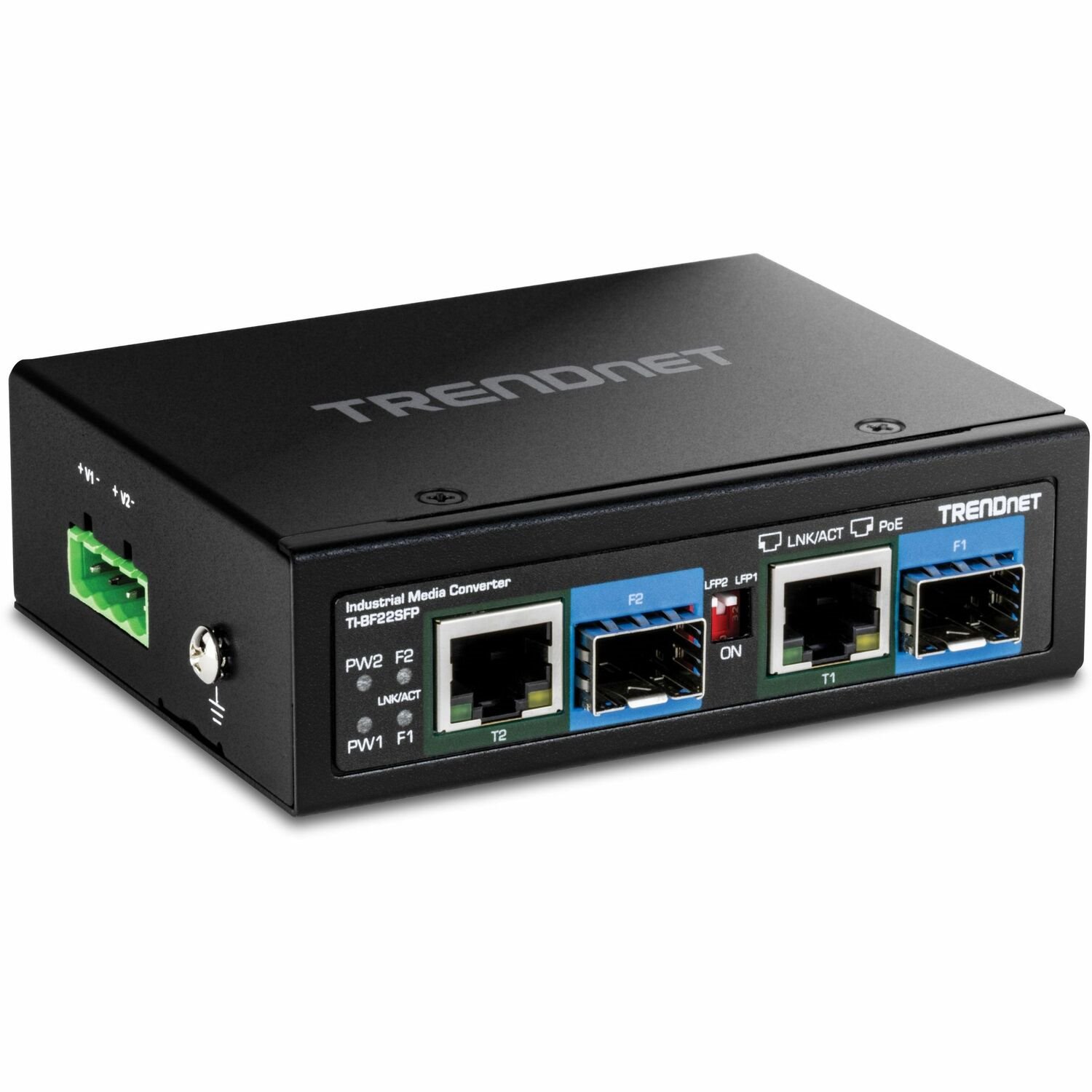 TRENDnet 2-Port Industrial SFP to Gigabit PoE++ Media Converter, TI-BF22SFP, IP30 Metal Housing, Power Supply (Model TI-S15052) Sold Separately, Black