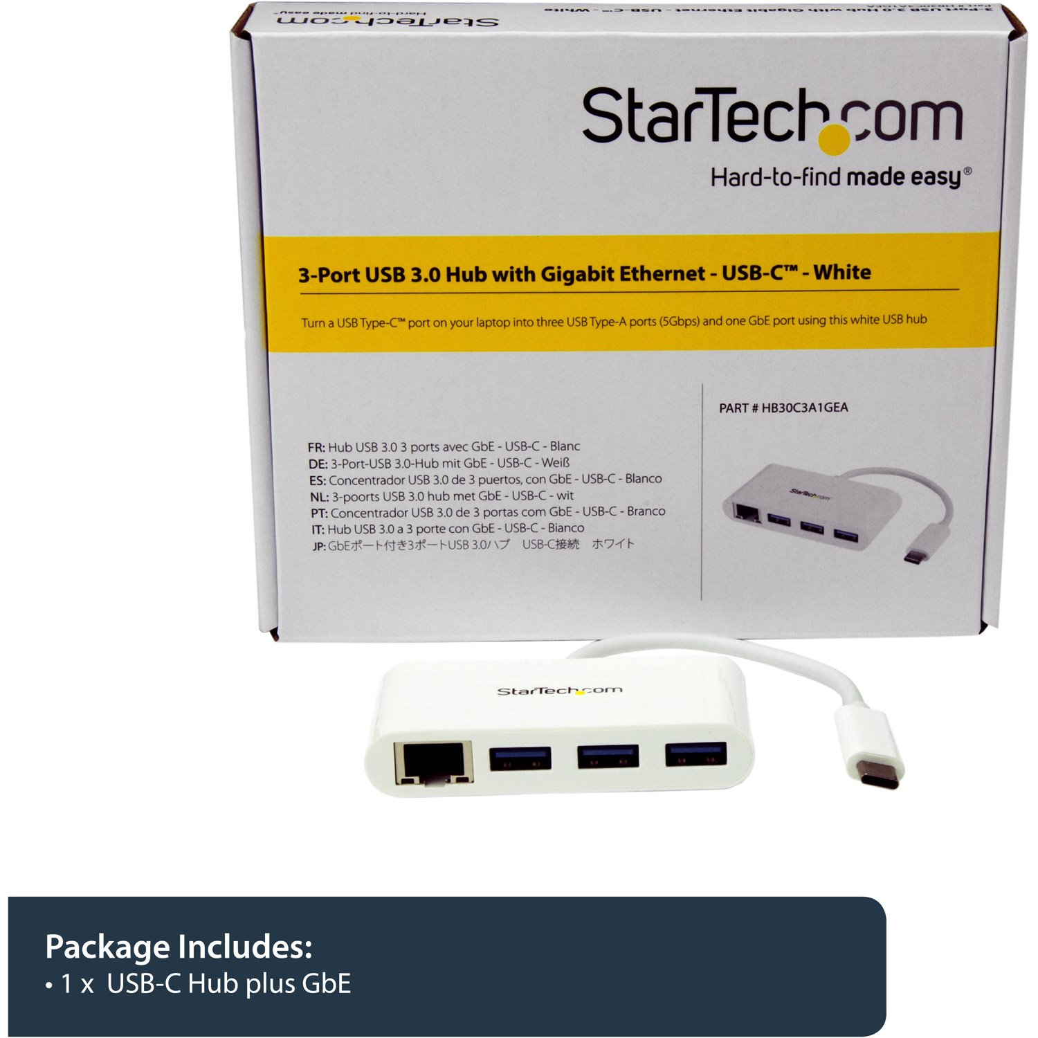 StarTech.com 3 Port USB C Hub with Gigabit Ethernet - USB-C to 3x USB-A - USB 3.0 - White - USB Hub with GbE - USB-C to USB Adapter - USB Type C Hub