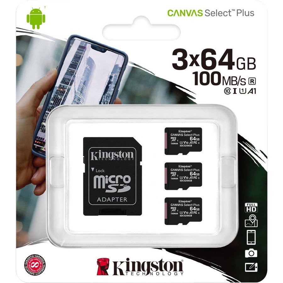 Kingston Canvas Select Plus SDCS2 64 GB Class 10/UHS-I (U1) microSDXC - 3 Pack