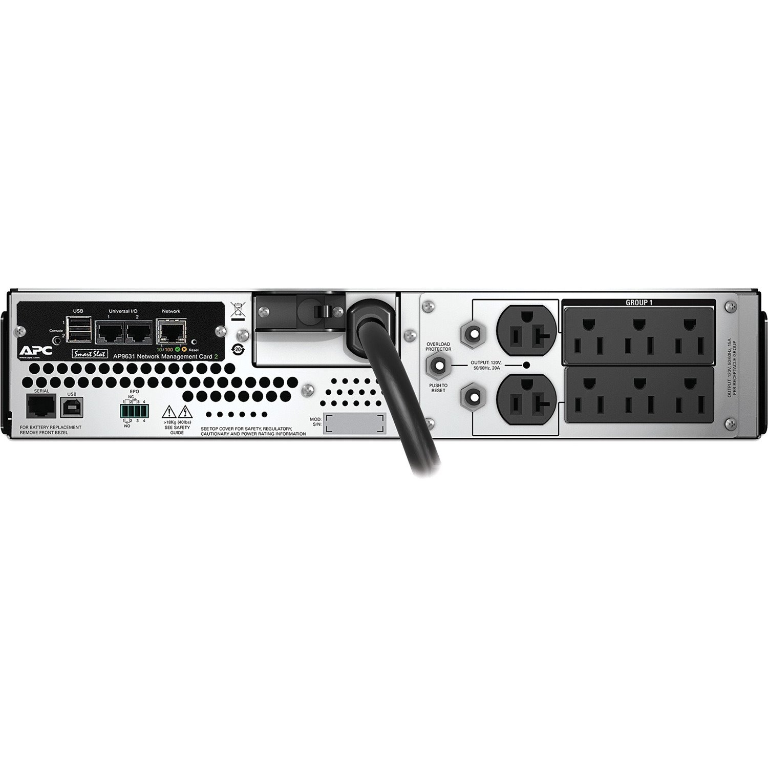 APC Smart-UPS, Line Interactive, 3kVA, Rackmount 2U, 120V, 6x NEMA 5-15R+2x NEMA 5-20R outlets, Network Card, AVR, LCD