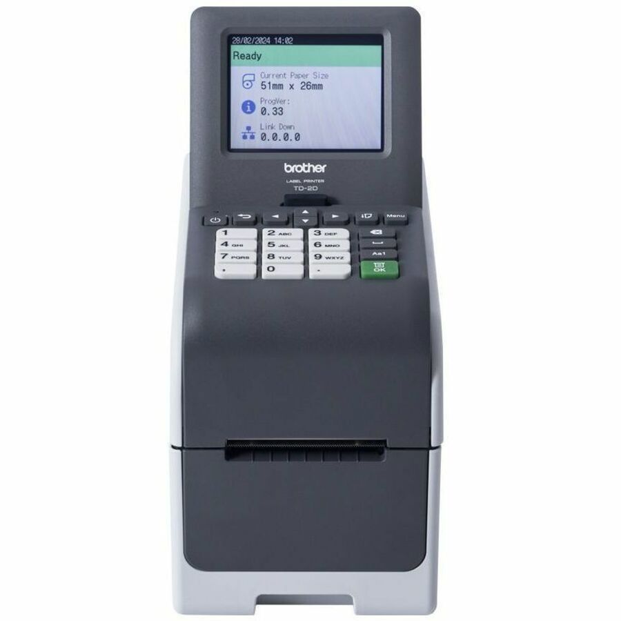 Brother TD-2320DSA203 Bureaublad, Detailhandel, Gezondheidszorg, Pakhuis, Logistiek, Fabriek Thermisch direct printer - Monochroom - Bureaublad - Labels - Fast Ethernet - USB - USB-host - Serieel - Bluetooth 5.2 - IEEE 802.11a/b/g/n Draadloos LAN - With Snij-inrichting - Zwart, Grijs