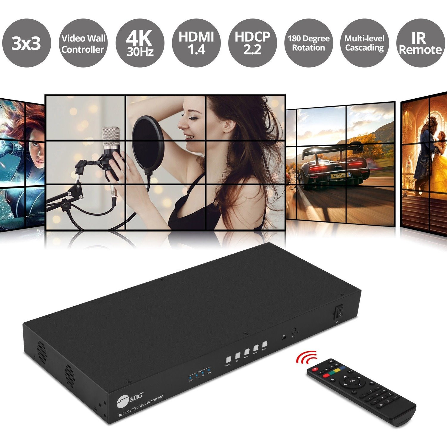 SIIG 3x3 4K Video Wall Processor with USB-C / DP / VGA / HDMI Input with EDID Management